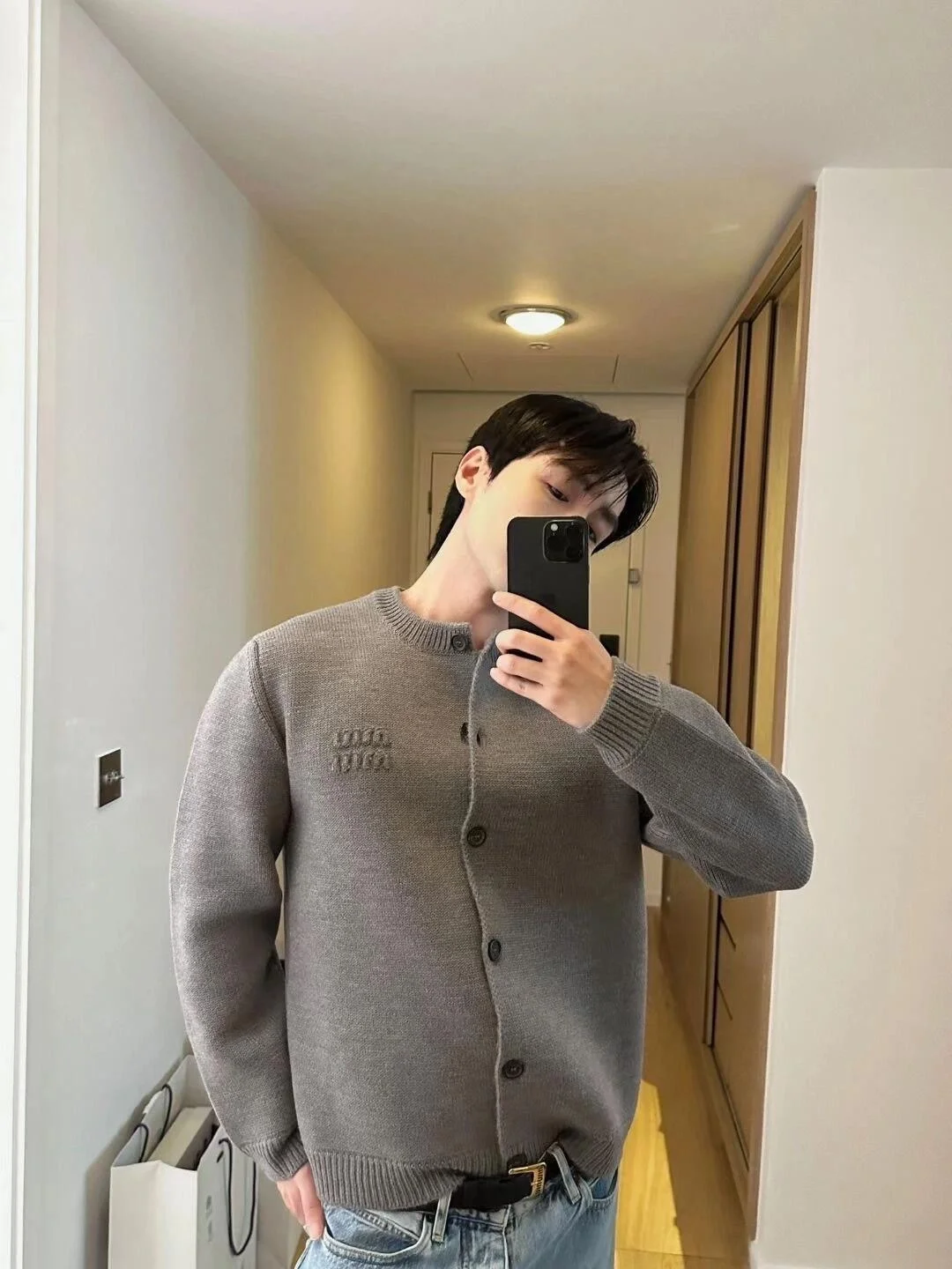미우미우 울 앤 나일론 니트 가디건
