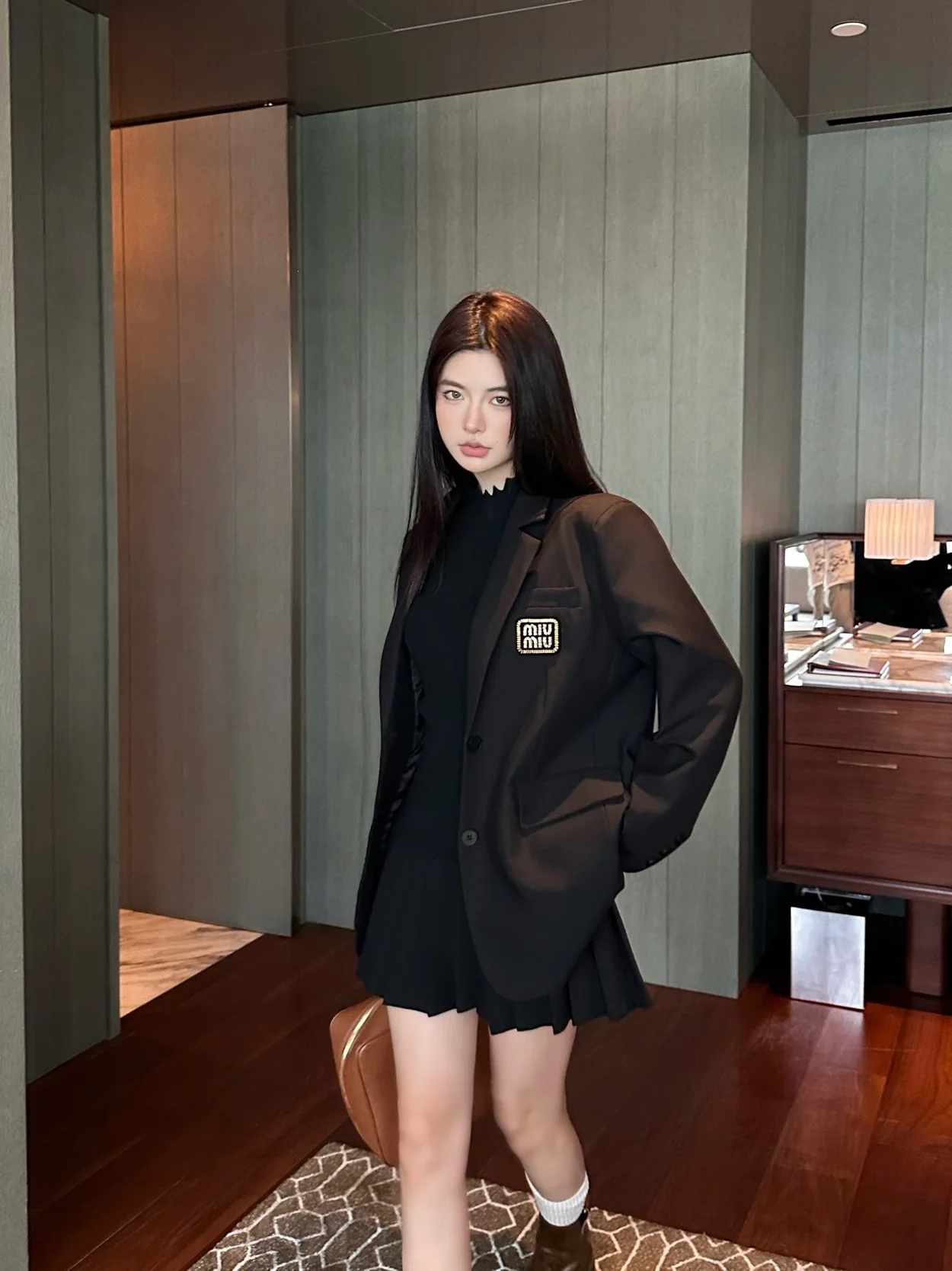 미우미우 로고 자수 싱글브레스트 모헤어 재킷