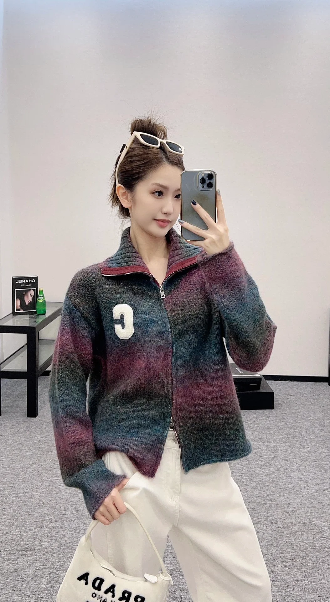 셀린느 울 모헤어 로고 니트 가디건 퍼플