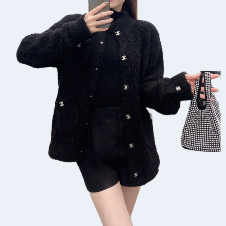 샤넬 라펠 포켓 울 니트 가디건 블랙