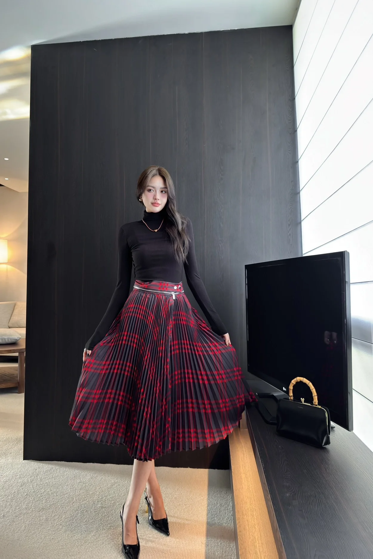 버버리 플리츠 체크 울 블렌드 스커트