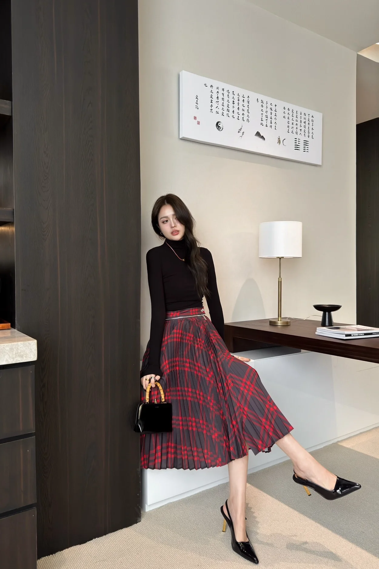 버버리 플리츠 체크 울 블렌드 스커트