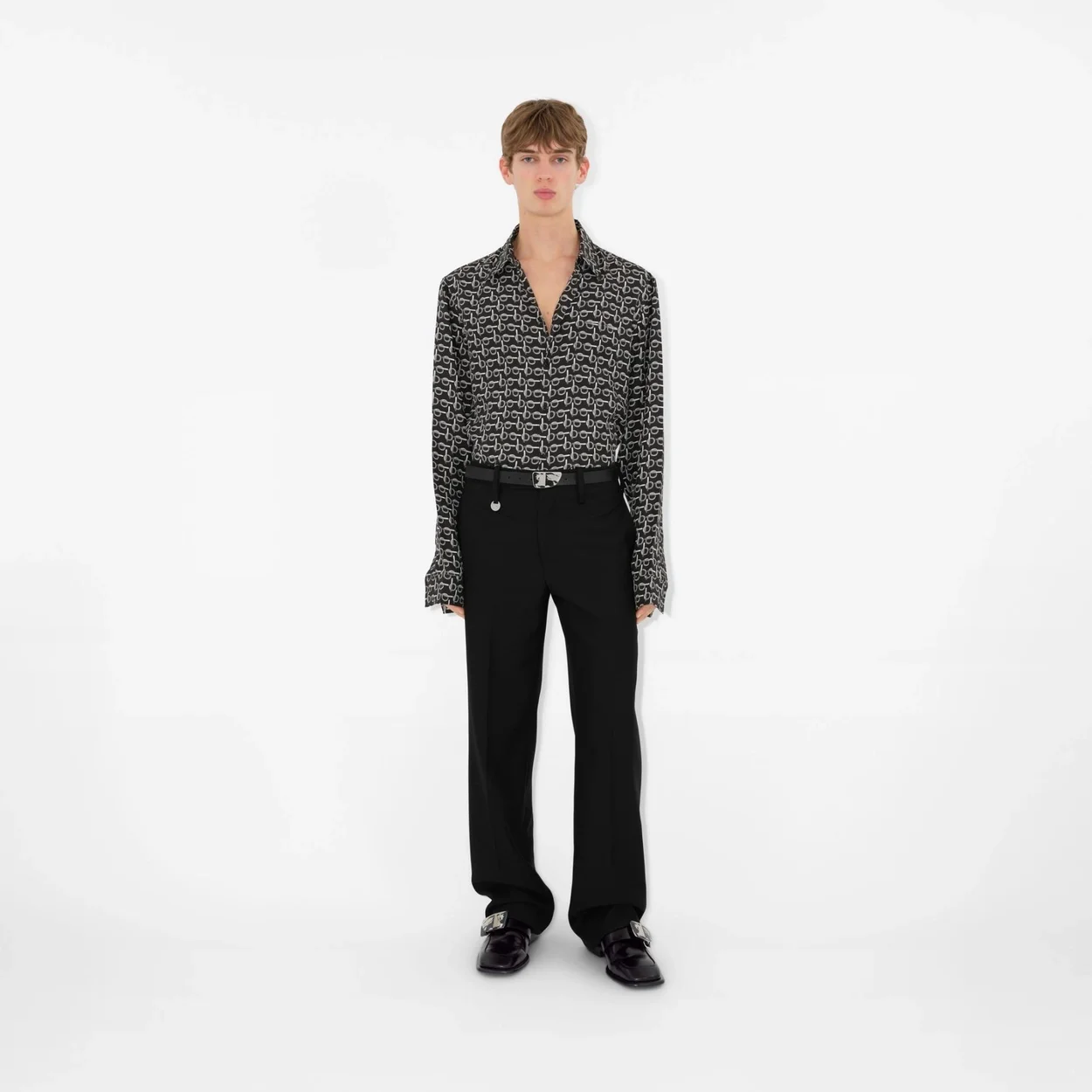 버버리 B 실크 셔츠 실버 블랙