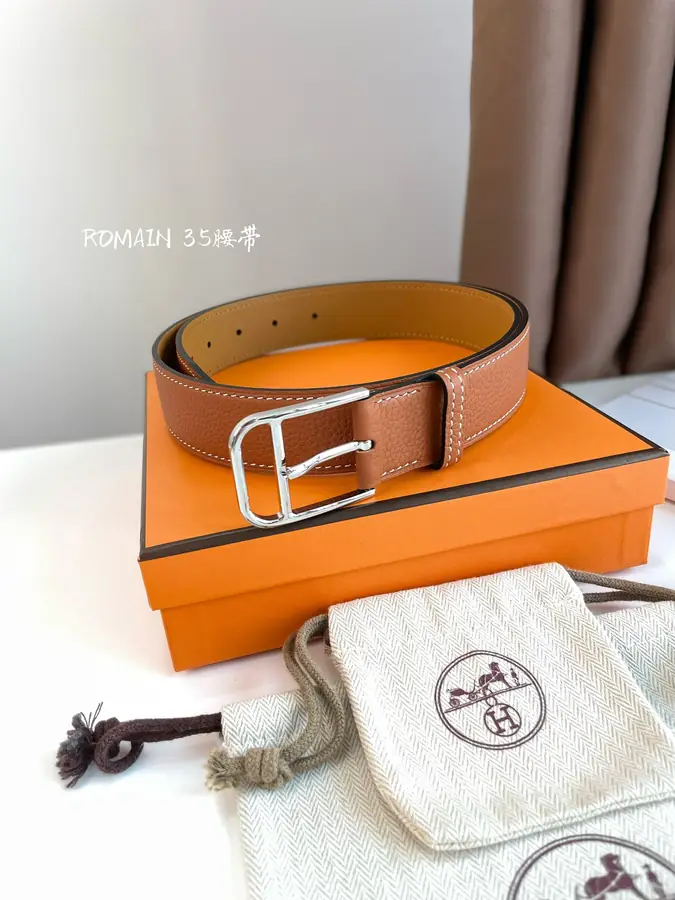 에르메스 로메인 레더 벨트 브라운 은장 35mm