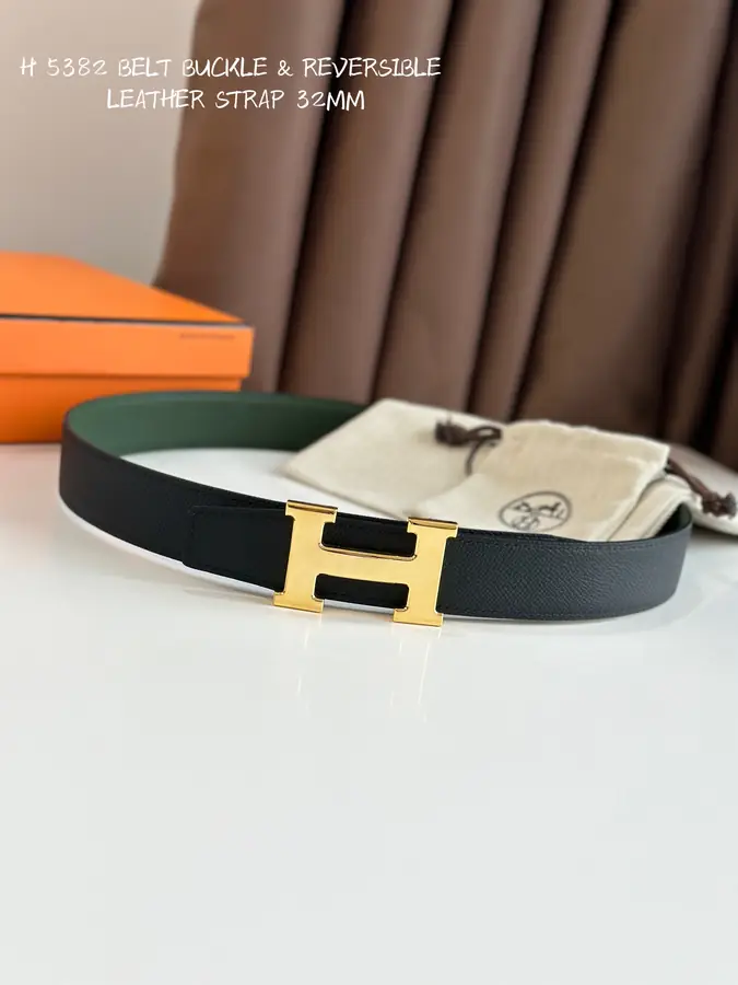 에르메스 H STRIE 리버서블 벨트 카키 금장 32mm
