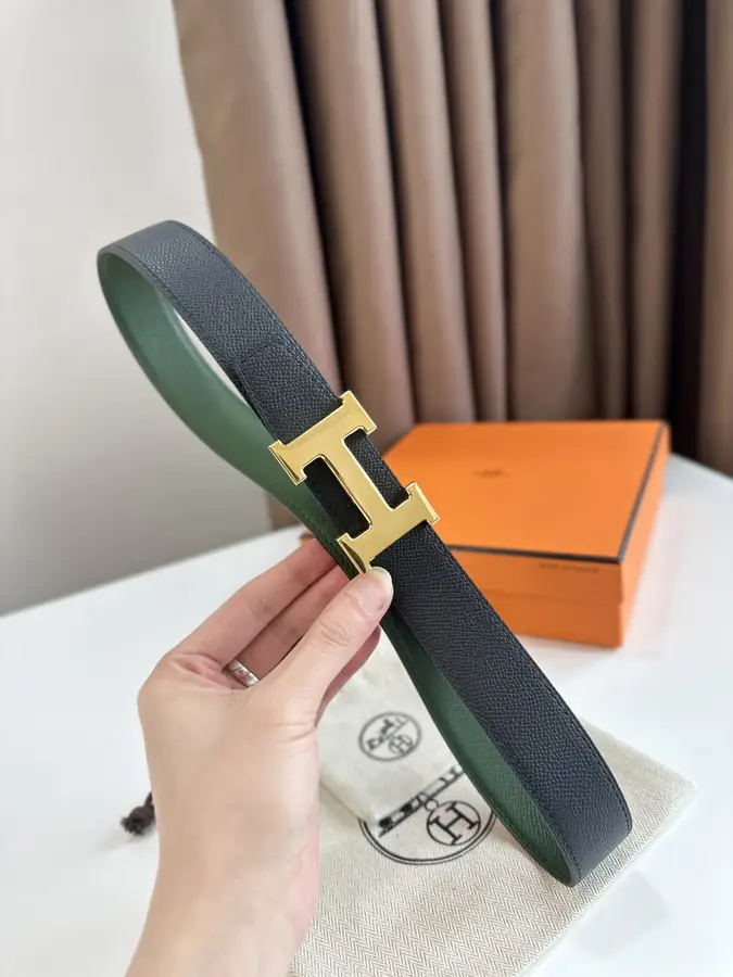 에르메스 H STRIE 리버서블 벨트 카키 금장 32mm
