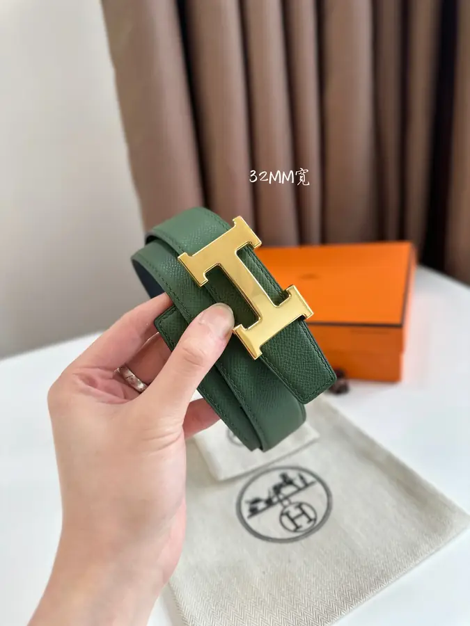 에르메스 H STRIE 리버서블 벨트 카키 금장 32mm