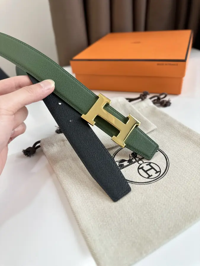 에르메스 H STRIE 리버서블 벨트 카키 금장 32mm