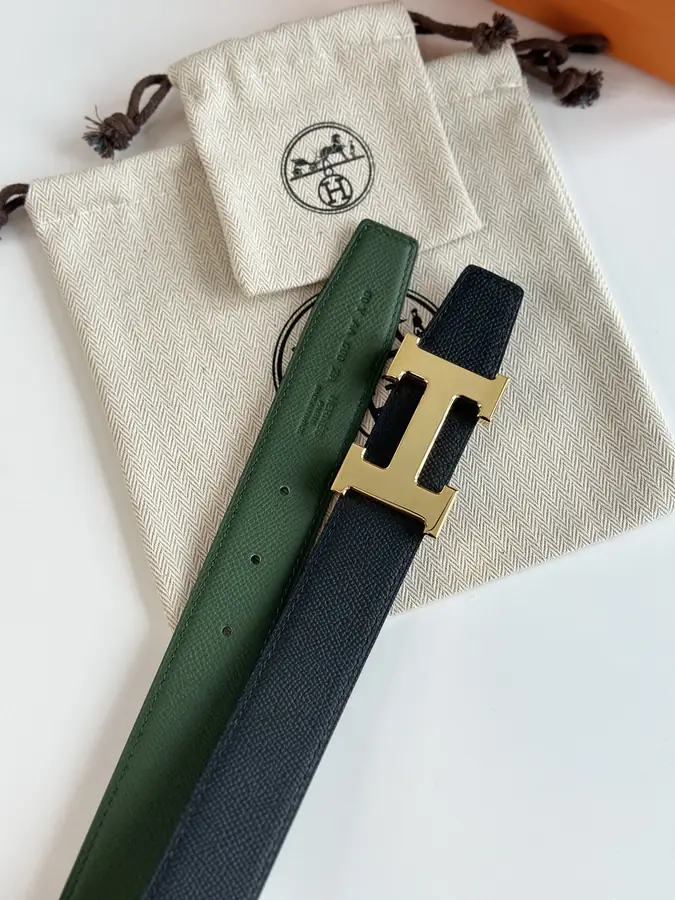 에르메스 H STRIE 리버서블 벨트 카키 금장 32mm