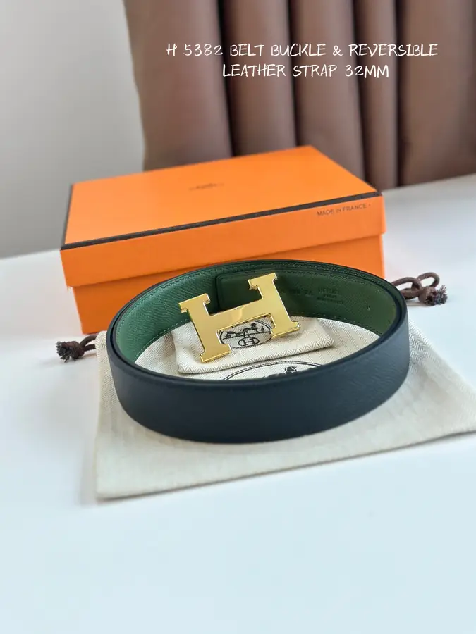 에르메스 H STRIE 리버서블 벨트 카키 금장 32mm