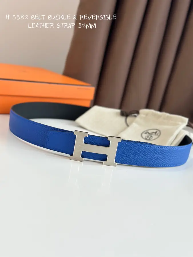 에르메스 H STRIE 리버서블 벨트 블루 은장 32mm
