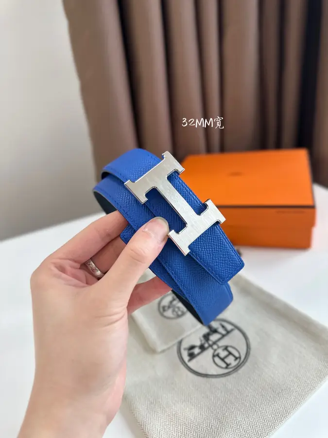 에르메스 H STRIE 리버서블 벨트 블루 은장 32mm
