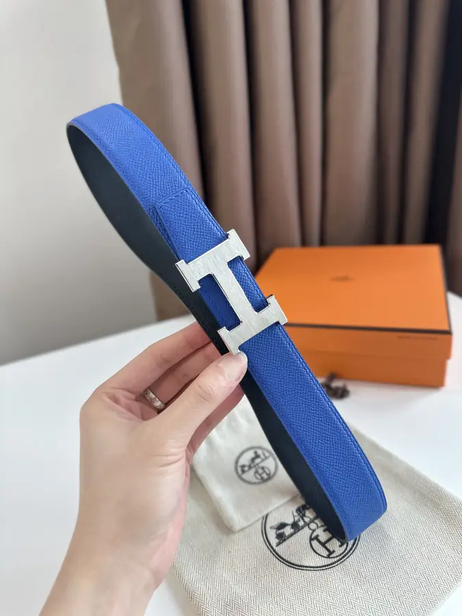 에르메스 H STRIE 리버서블 벨트 블루 은장 32mm