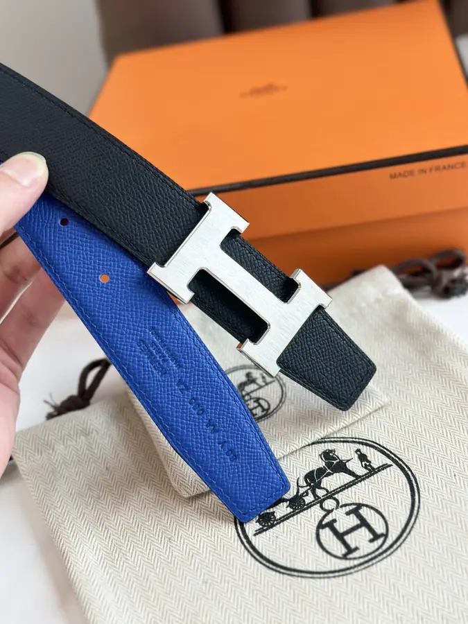 에르메스 H STRIE 리버서블 벨트 블루 은장 32mm