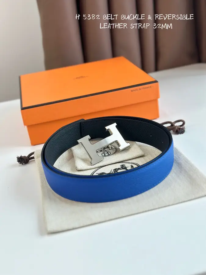 에르메스 H STRIE 리버서블 벨트 블루 은장 32mm