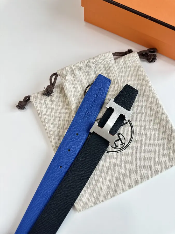 에르메스 H STRIE 리버서블 벨트 블루 은장 32mm