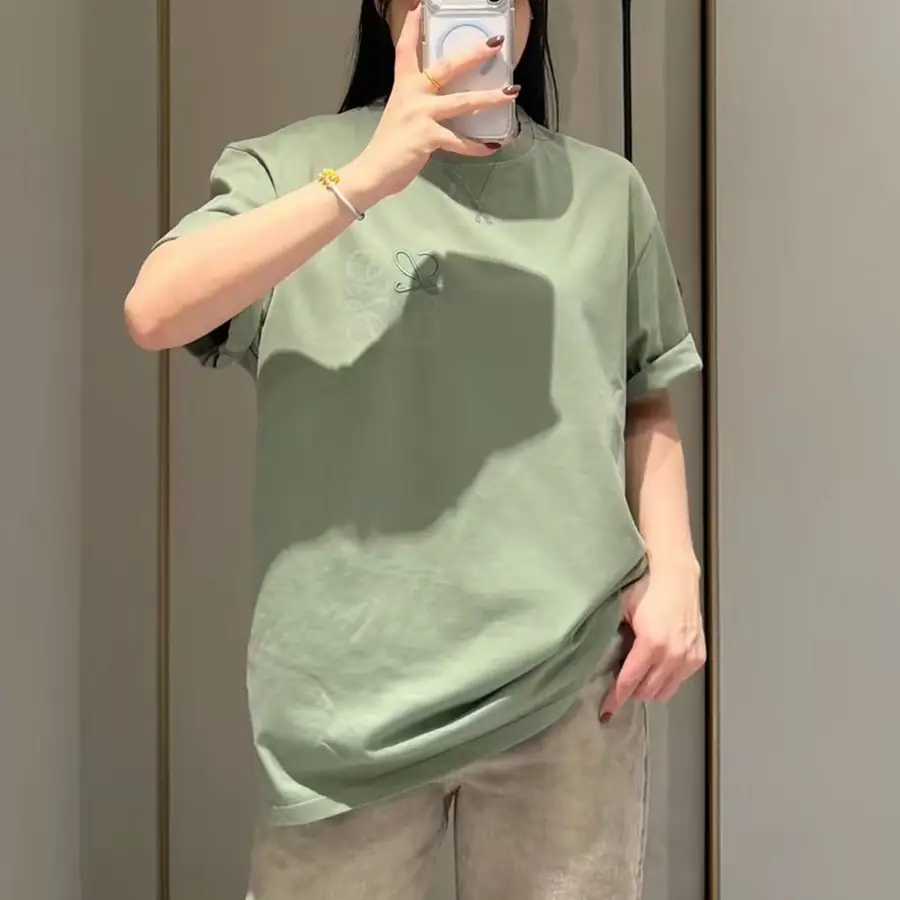 남녀공용 로에베 자수 로고 레터 크루넥 반팔 티셔츠 (2color)