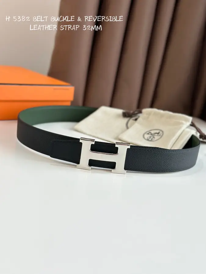 에르메스 H STRIE 리버서블 벨트 카키 은장 32mm