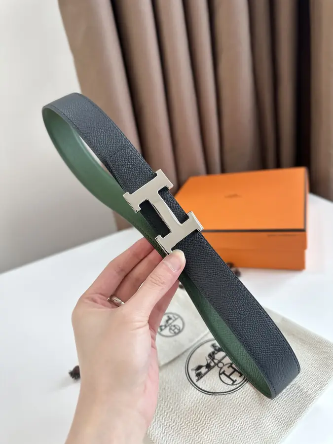 에르메스 H STRIE 리버서블 벨트 카키 은장 32mm