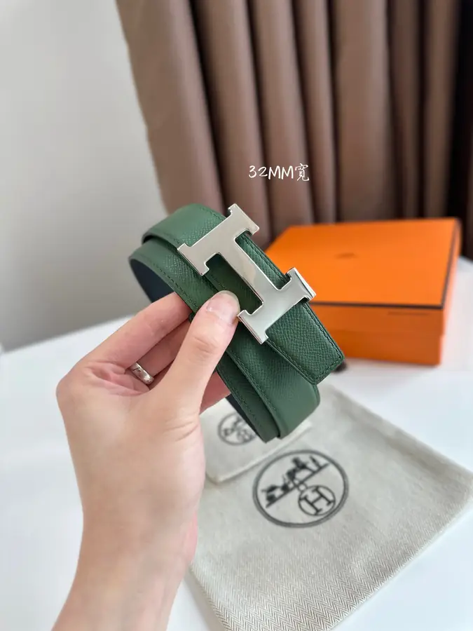 에르메스 H STRIE 리버서블 벨트 카키 은장 32mm