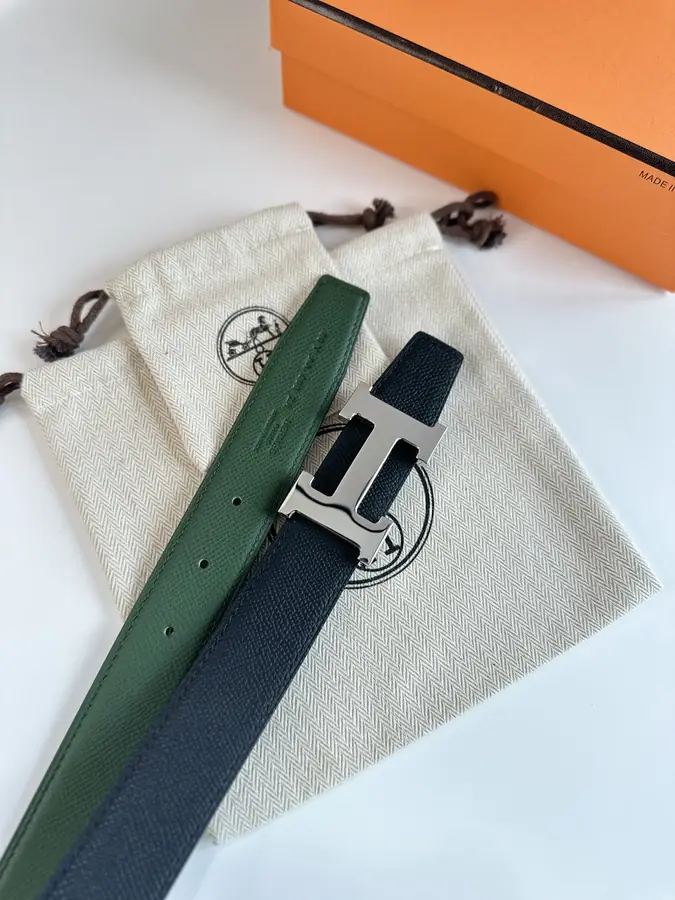 에르메스 H STRIE 리버서블 벨트 카키 은장 32mm