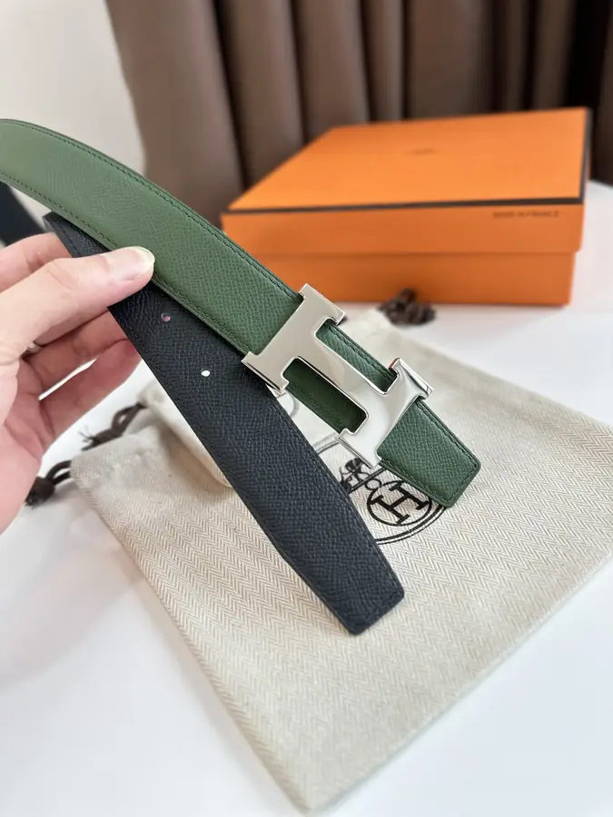 에르메스 H STRIE 리버서블 벨트 카키 은장 32mm