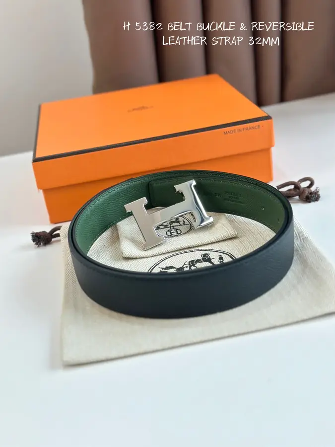 에르메스 H STRIE 리버서블 벨트 카키 은장 32mm