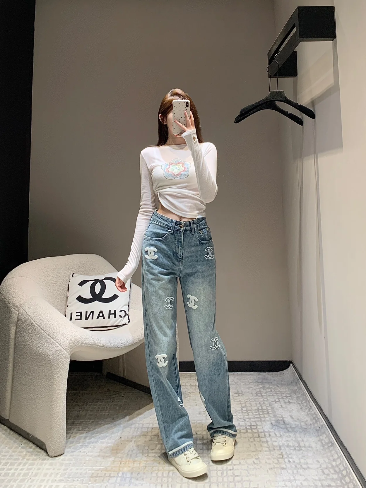 샤넬 로고 포인트 데님 진