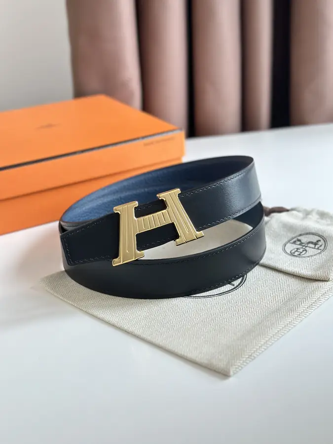에르메스 H 토고 블루 벨트 금장 32mm