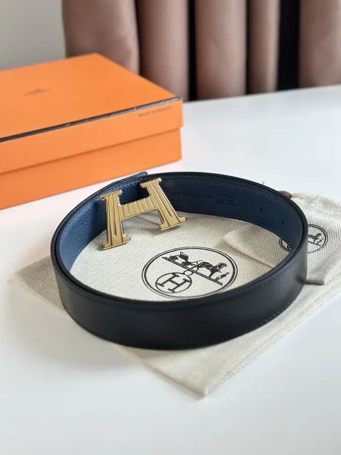 에르메스 H 토고 블루 벨트 금장 32mm