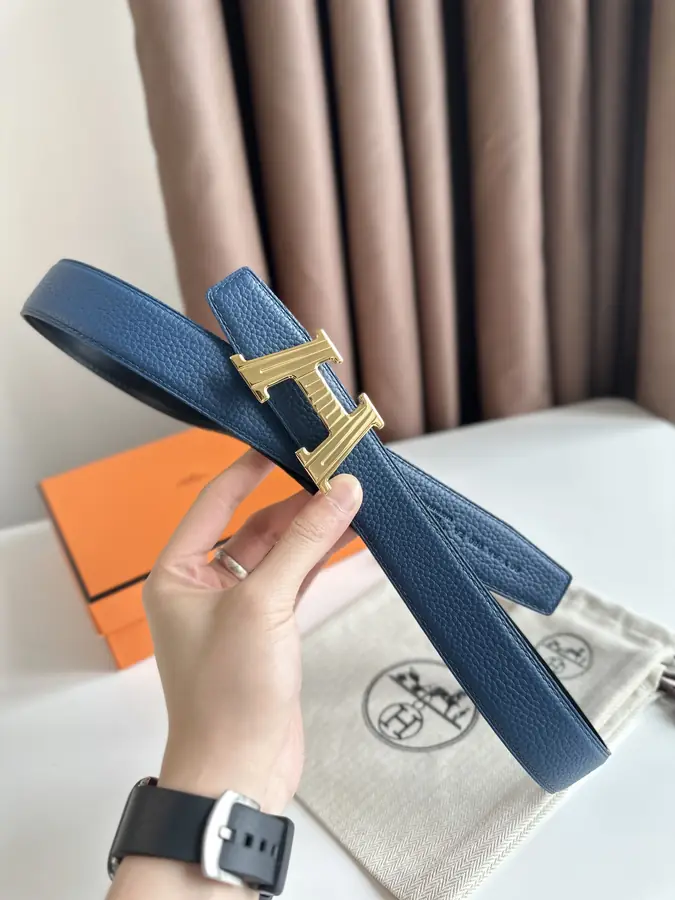 에르메스 H 토고 블루 벨트 금장 32mm