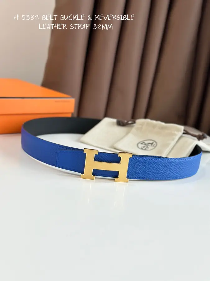 에르메스 H STRIE 리버서블 벨트 블루 금장 32mm