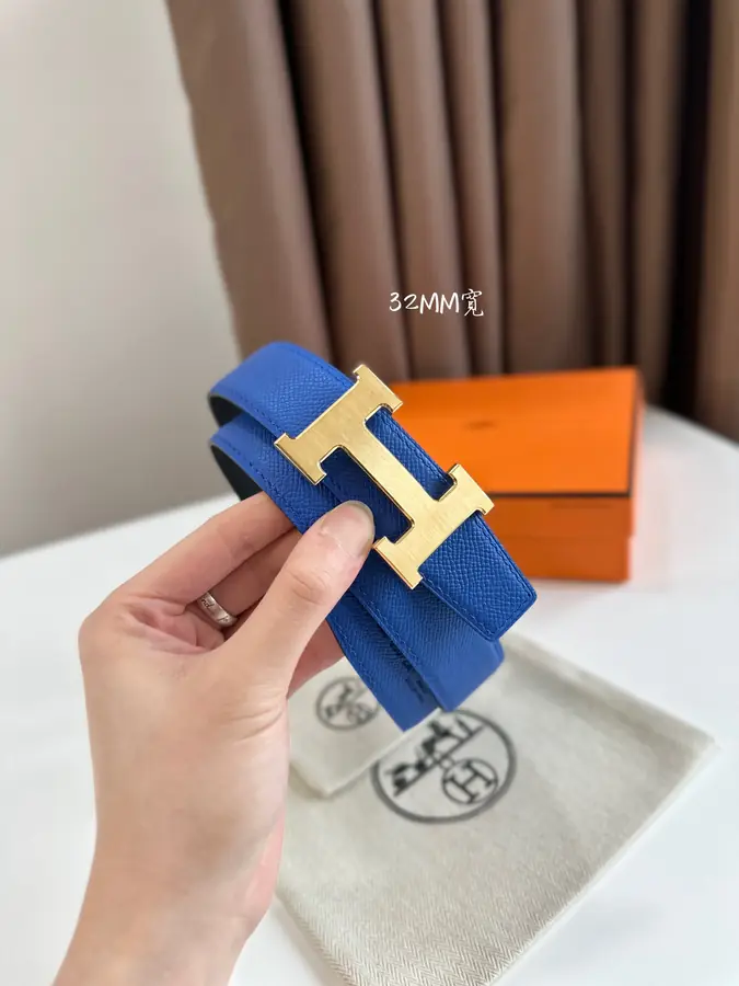 에르메스 H STRIE 리버서블 벨트 블루 금장 32mm