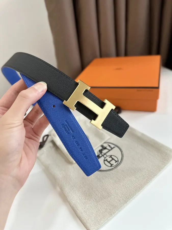 에르메스 H STRIE 리버서블 벨트 블루 금장 32mm