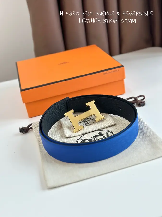 에르메스 H STRIE 리버서블 벨트 블루 금장 32mm
