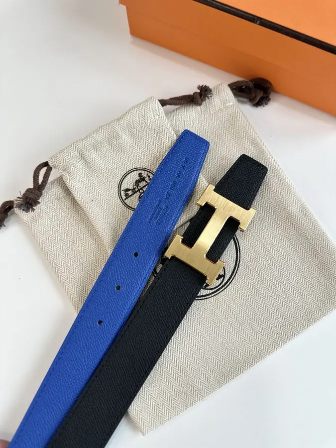 에르메스 H STRIE 리버서블 벨트 블루 금장 32mm