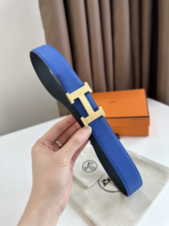 에르메스 H STRIE 리버서블 벨트 블루 금장 32mm