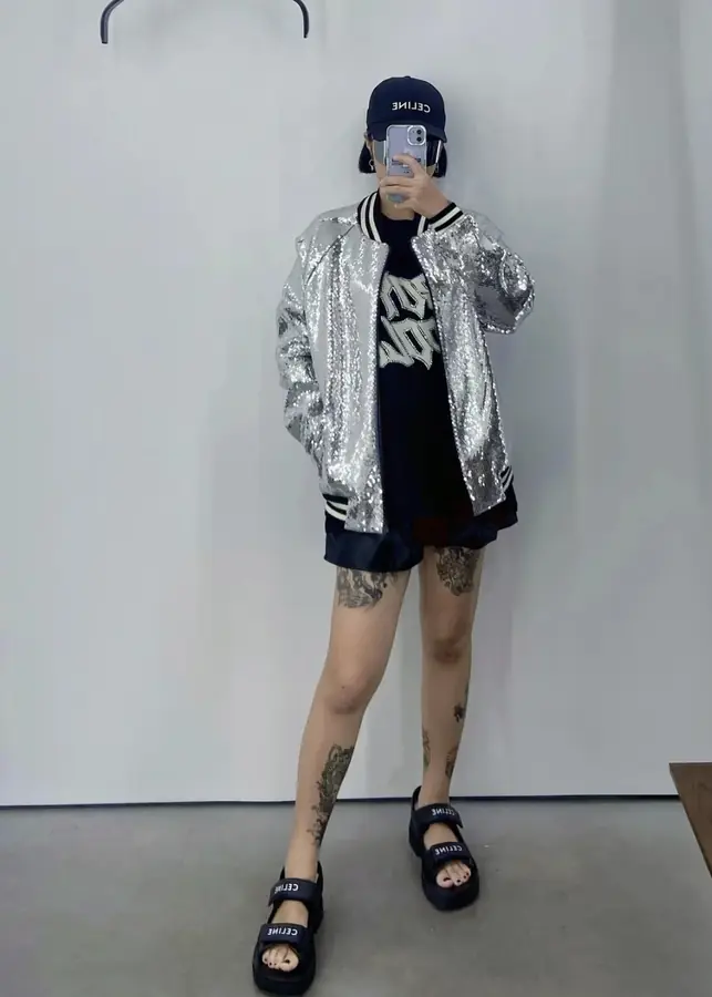 셀린느 시퀸 엠벨리시드 코튼 봄버 재킷