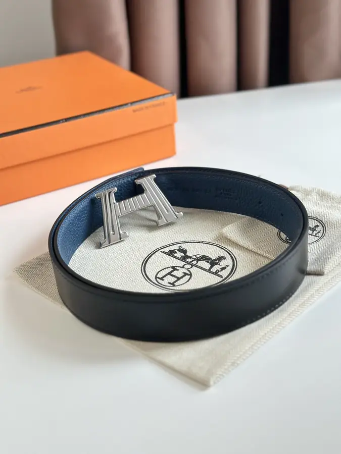 에르메스 H 토고 블루 벨트 은장 32mm