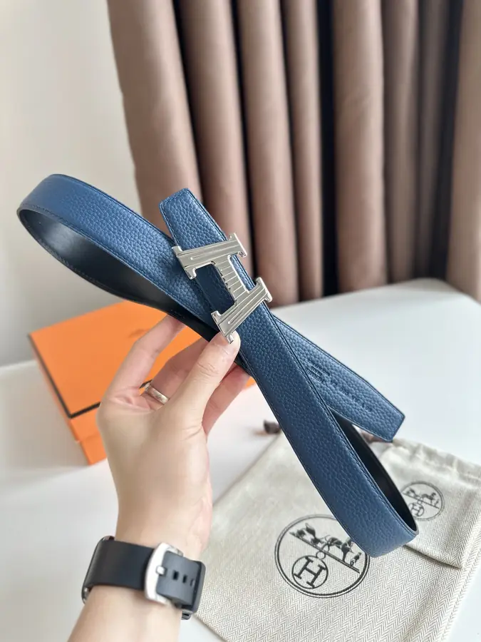 에르메스 H 토고 블루 벨트 은장 32mm