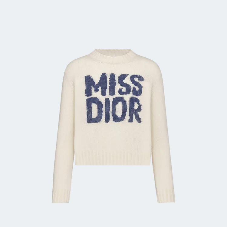 디올 블루 Miss Dior Graffiti 모티브 에크루 캐시미어 실크 니트
