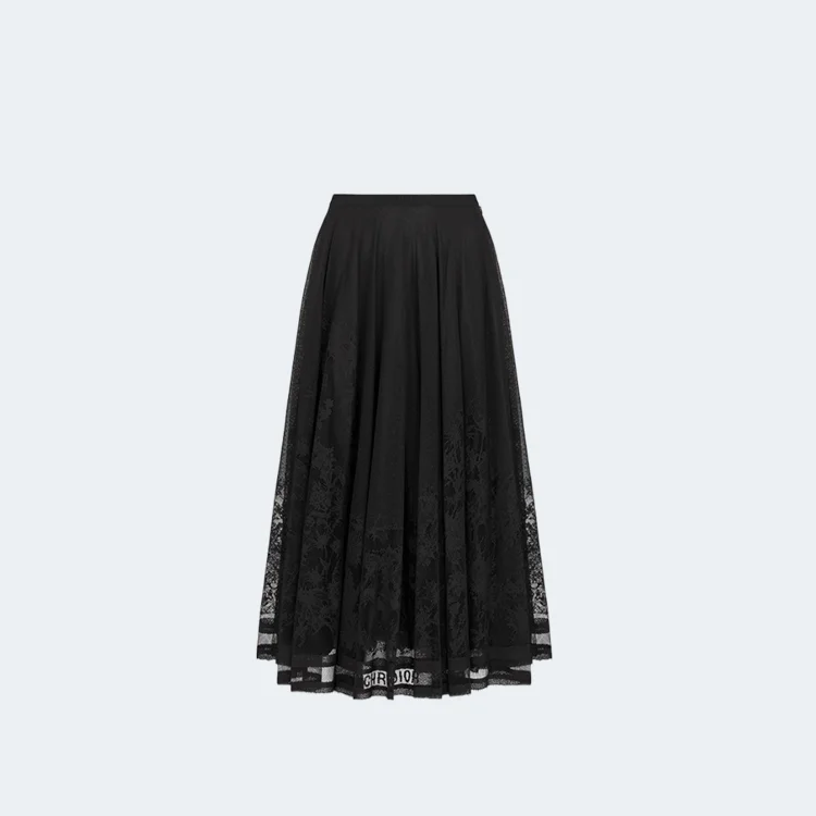 디올 블랙 Dior Chardons 코튼 블렌드 레이스 플레어 미디 스커트