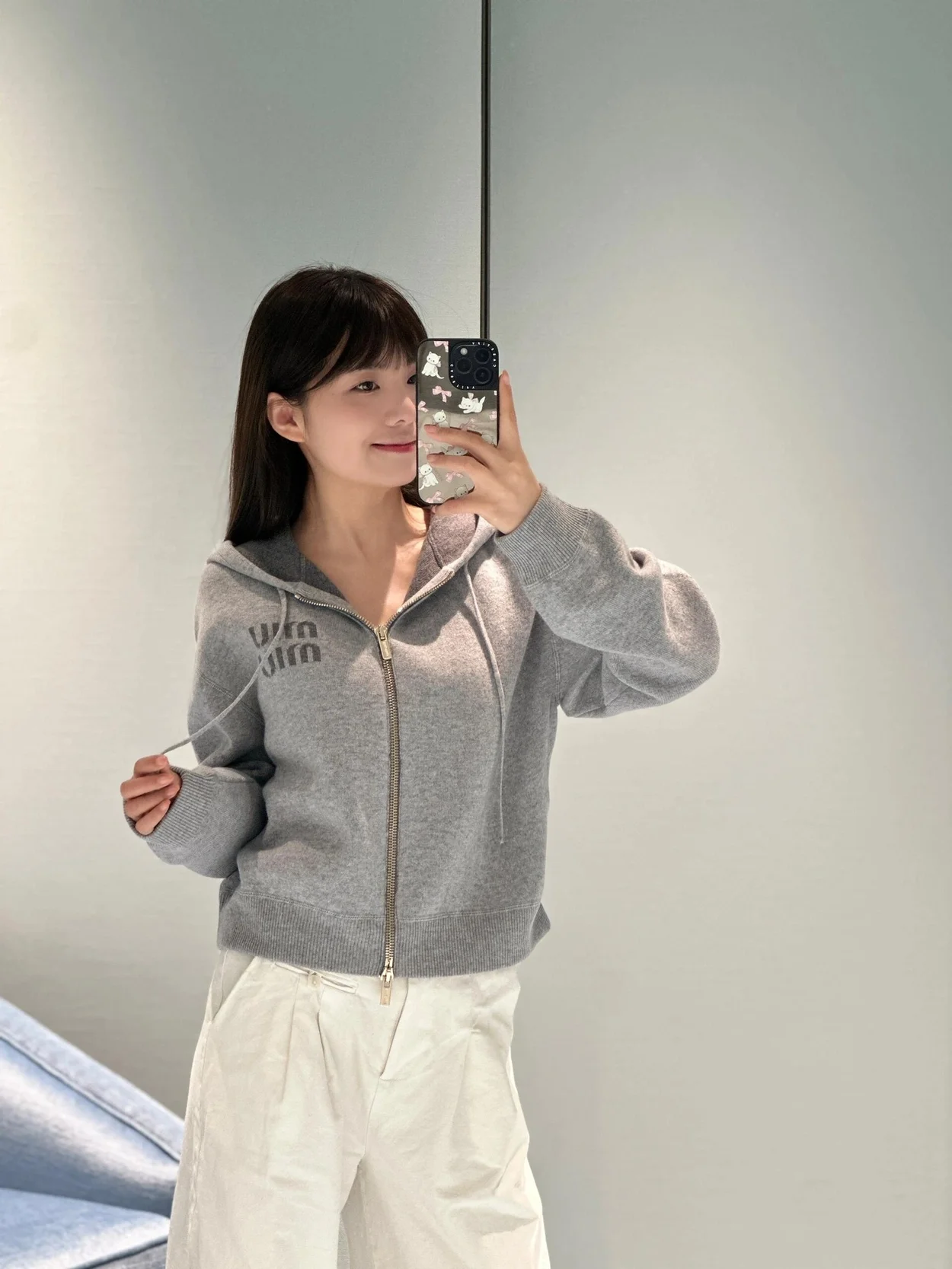 미우미우 더블 캐시미어 지퍼 후디 가디건