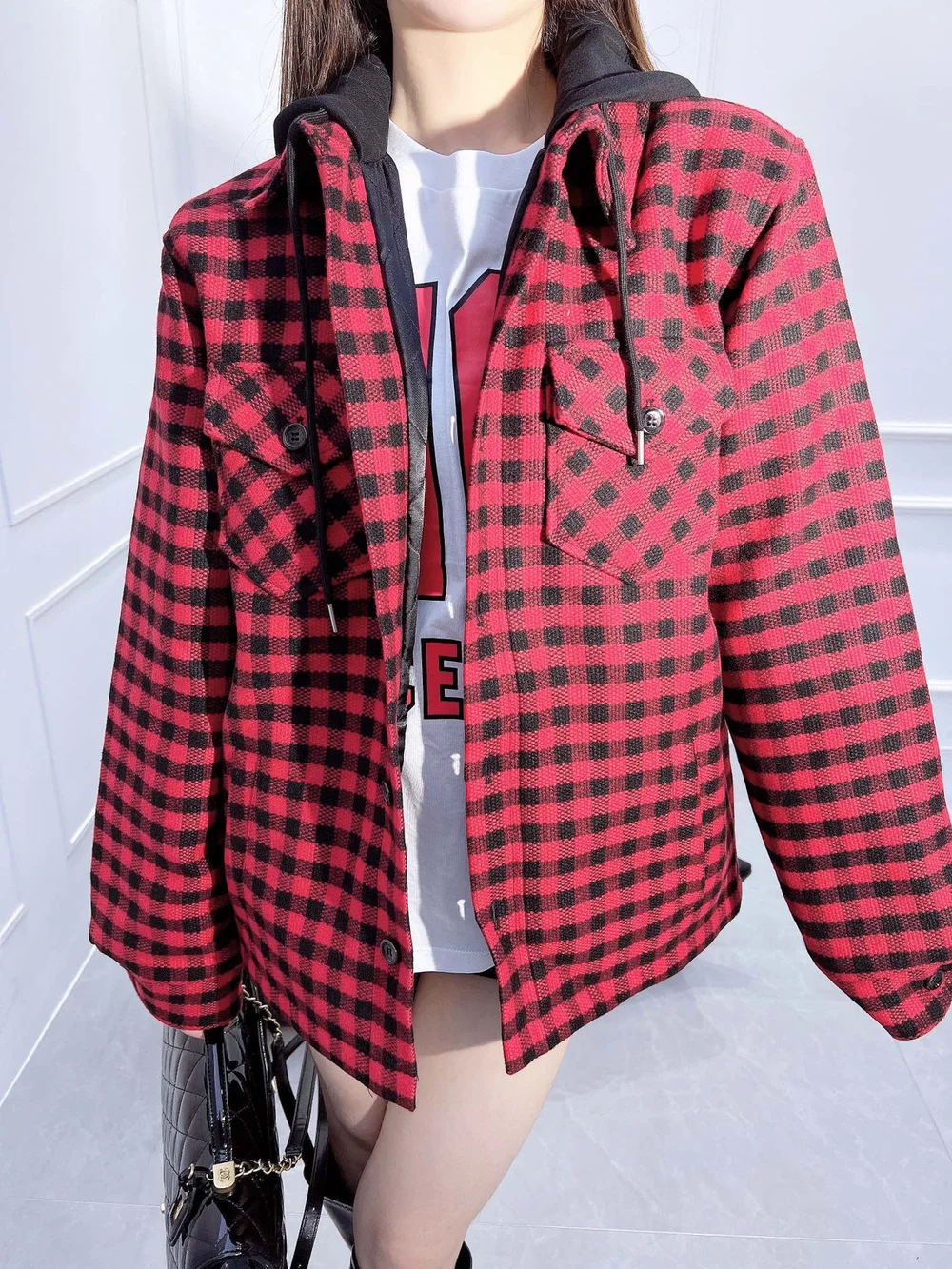 셀린느 체크 울 모헤어 후드 오버셔츠