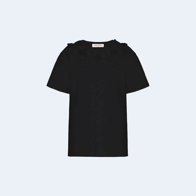 발렌티노 자수 코튼 저지 티셔츠 블랙