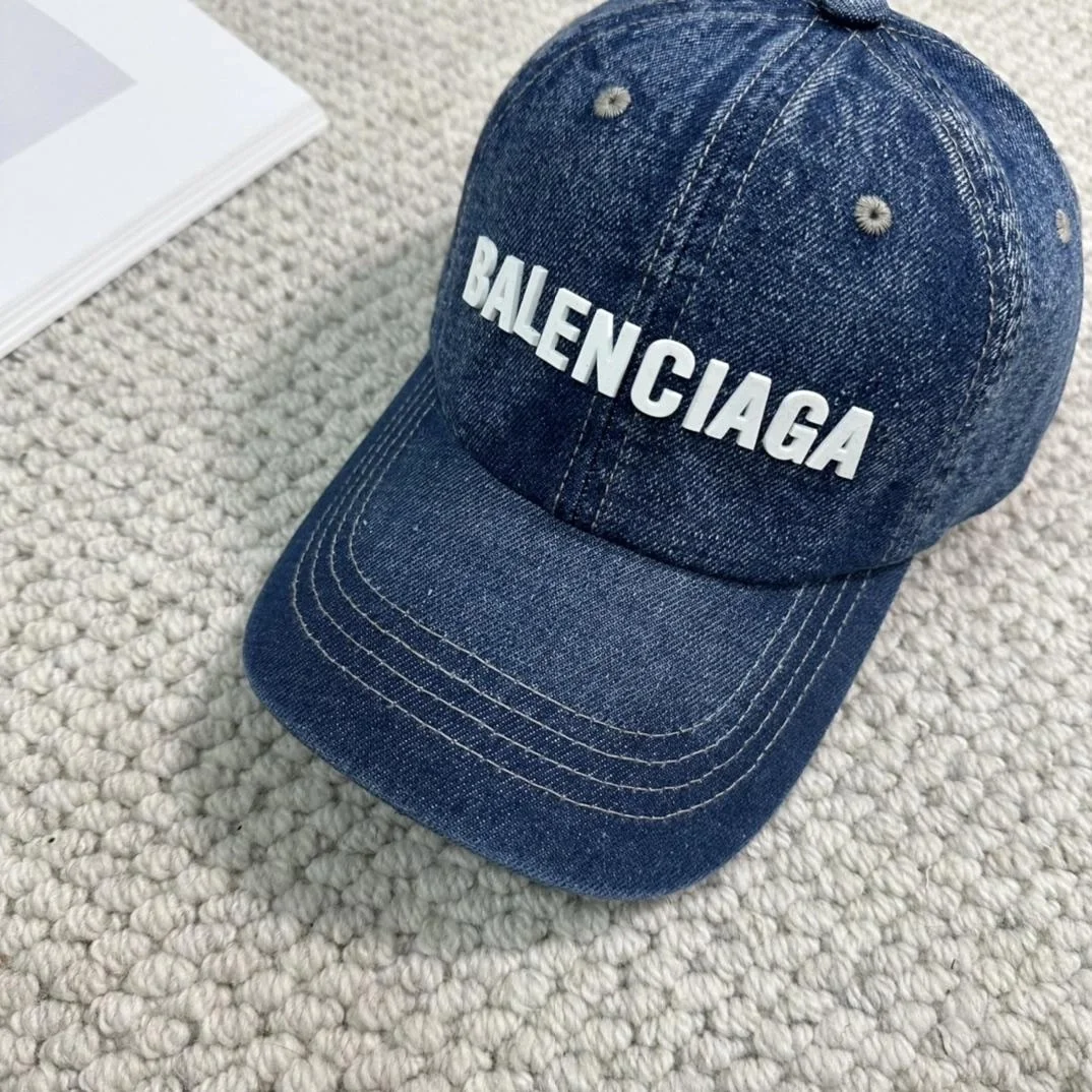 발렌시아가 입체 로고 딥 블루 화이트 데님 베이스볼 캡
