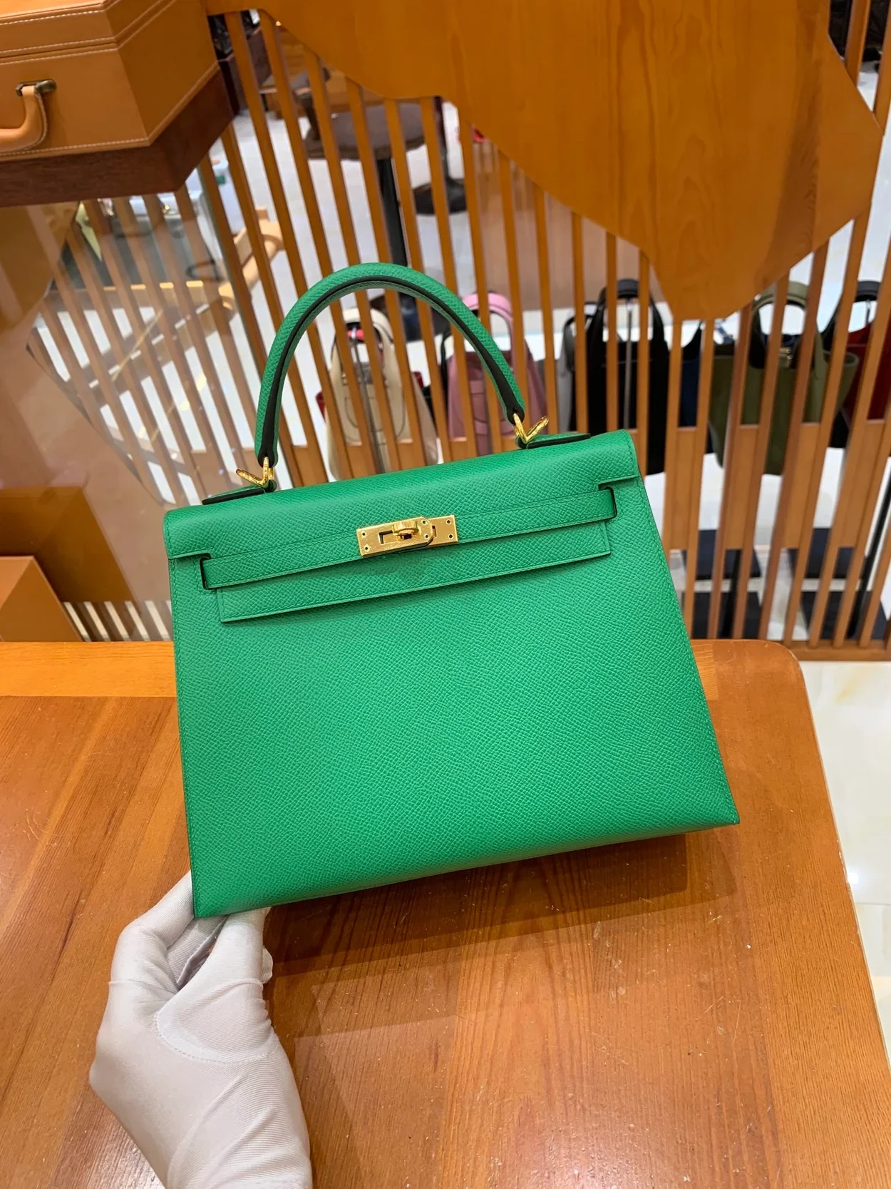 에르메스 켈리 25 셀리에 뱀부 그린 골드 하드웨어 (100% HAND MADE)