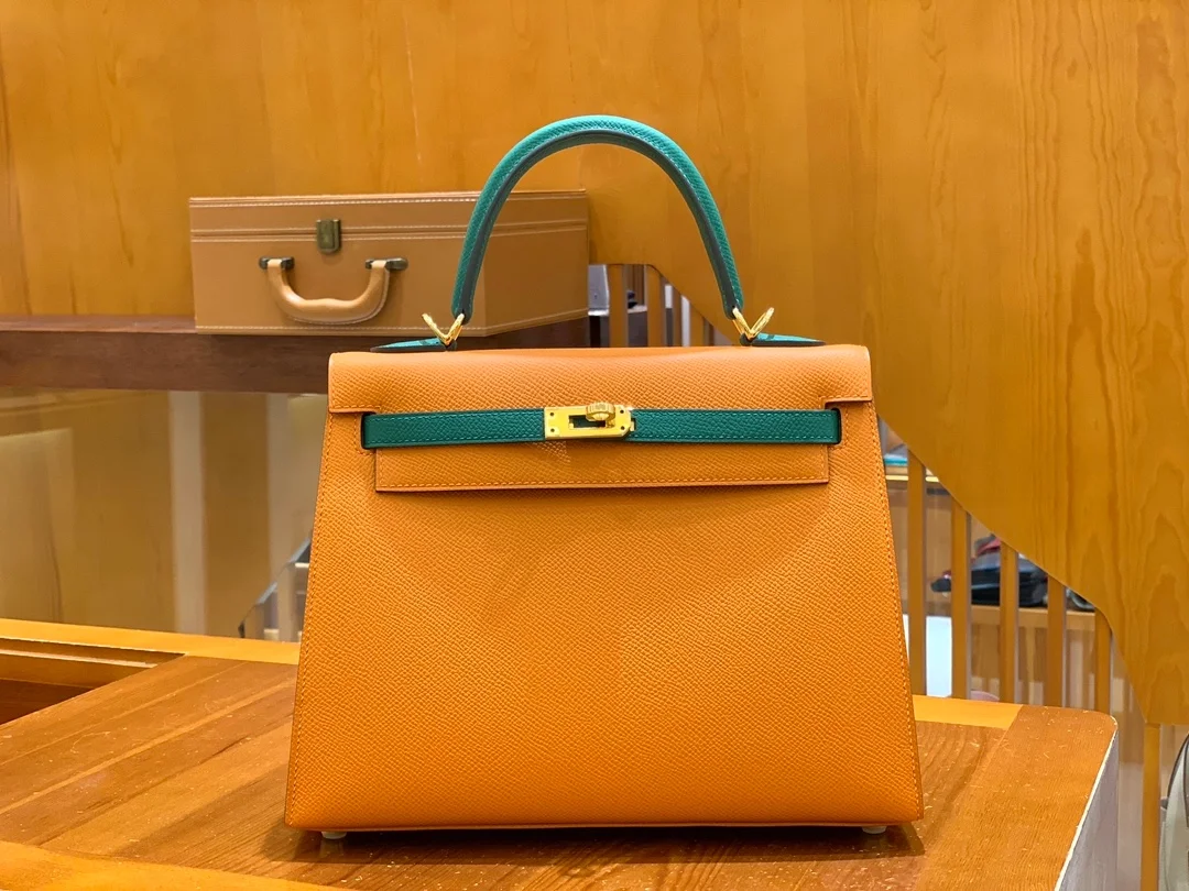 에르메스 켈리 25 셀리에 클래식 오렌지 & 말라 카이트 그린 골드 하드웨어 (100% HAND MADE)